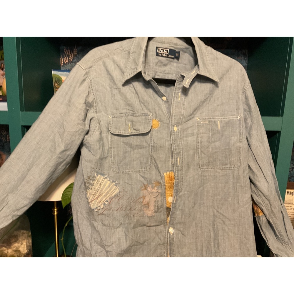 Polo Ralph Lauren Mens Blue Chambray Distressed Patchwork Button Down Shirt S - Picture 2 of 7